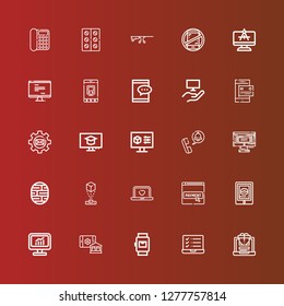Editable 25 smart icons for web and mobile. Set of smart included icons line Laptop, Smartwatch, Smart house, Computer, Tablet, Payment method, Hologram, Brain, Monitor on red