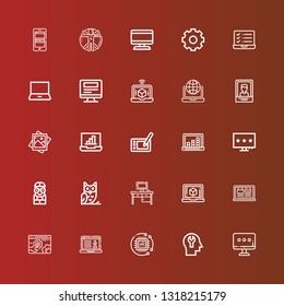 Editable 25 smart icons for web and mobile. Set of smart included icons line Monitor, Mind, Technology, Laptop, Settings, Desktop, Owl, Nerd, Computer, Graphic tablet, Photo on red