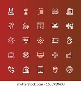 Editable 25 smart icons for web and mobile. Set of smart included icons line No phones, Mind, Tablet, Urban, Telephone, Payment method, Settings, Monitor, Laptop, Cell on red