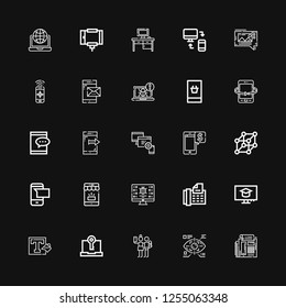 Editable 25 smartphone icons for web and mobile. Set of smartphone included icons line Fax, Eye tap, Selfie, Computer, Background, Mobile, Sms, Cells, Smartphone on black background