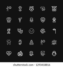 Editable 25 smile icons for web and mobile. Set of smile included icons line Girl, Dog, Kitty, Pumpkin, Baby, Cynicism, Grandmother, Tooth, Lips, Sad, Theatre mask on black background