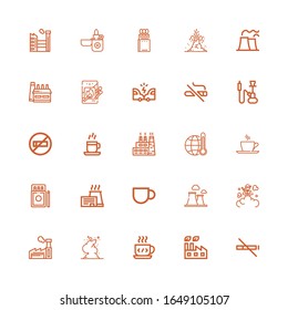 Editable 25 iconos de humo para web y móvil. Conjunto de humo incluido íconos línea No humo, Fábrica, taza de café, bomba, chimenea, partidos, Copa, Calentamiento global sobre fondo blanco
