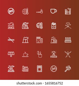 Editable 25 smoke icons for web and mobile. Set of smoke included icons line Matches, Smoking, Match, Factory, Volcano, Eruption, Lighter, Cup, Cups, Nuclear plant, Cigarette on red