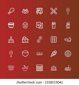 Editable 25 snack icons for web and mobile. Set of snack included icons line Roll cake, Cake, Cream, Bowl, Muffin, Hamburger, Ice cream, Croquette, Hazelnut, Apple, Cracker on red