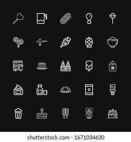 Editable 25 iconos de tentempiés para web y móvil. Conjunto de bocadillos incluidos íconos de la línea Take, Ketchup, helado, palomitas, chichas, croissant, jarabe, crema, popsicle, carrito de helados sobre fondo negro