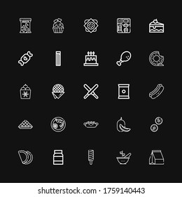 Editable 25 snack icons for web and mobile. Set of snack included icons line Take away, Bowl, Popsicle, Mayonnaise, Pastry, Biscuit, Melon, Hot dog, Prawn on black background