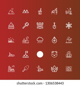 Editable 25 snow icons for web and mobile. Set of snow included icons line Water, Snow, Shovel, Park, Forest, Polar bear, Mountain, Luge, Chimney, Bauble, Mountains, Igloo on red