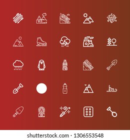 Editable 25 snow icons for web and mobile. Set of snow included icons line Shovel, Cracker, Blower, Eskimo, Luge, Mountains, Water, Mountain, Skier, Penguin, Snow, Forest on red