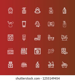 Editable 25 soap icons for web and mobile. Set of soap included icons line Bath, Soap, Perfume, Washing machine, Antiseptic, Jacuzzi, Bathtub, Cosmetics, Dispenser, Maid on red