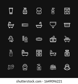 Editable 25 iconos de jabón para web y móvil. Conjunto de jabón incluido íconos línea Maid, Bath, Shampoo, Jabón, Perfume, Bañera, Lavadora, Baño, Lavandería sobre fondo negro