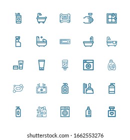 Editable 25 soap icons for web and mobile. Set of soap included icons line Perfume, Detergent, Washing machine, Cleaning, Gel, Shampoo, Dustpan, Soap, Dispenser on white background