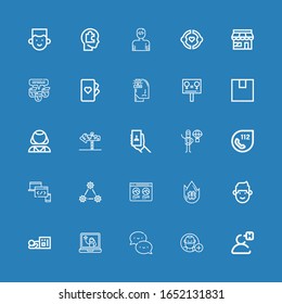 Bearbeitbar 25 soziale Symbole für Web und Mobile. Reihe sozialer, eingeschlossener Symbole Zeile Benutzer, Folgen, Chat, Jugend, Obdachlos, Mann, Trending Thema, Profil, Netzwerk auf blauem Hintergrund