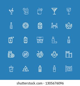 Editable 25 soda icons for web and mobile. Set of soda included icons line Bar, Plastic bottle, Water bottle, Water, Beverage, Apron, Cocktail, Junk food, Bottles on blue background
