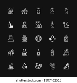 Editable 25 soda icons for web and mobile. Set of soda included icons line Tin, Lemon juice, Lemonade, Water, Fast food, Snack, Water bottle, Soda, Apron, Drinks on black background