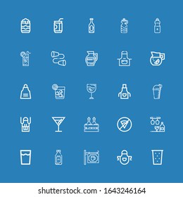 Editable 25 soda icons for web and mobile. Set of soda included icons line Drink, Apron, Bar, Bottle, No fast food, Alcoholic drink, Cocktail, Vodka, Lemonade on blue background