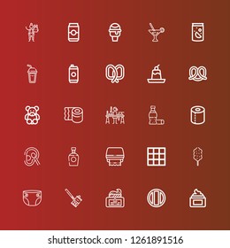 Editable 25 soft icons for web and mobile. Set of soft included icons line Cream, Soda, Soda can, Diaper, Cotton candy, Blanket, Toilet paper, Brandy, Cotton, Cola, Candle making on red