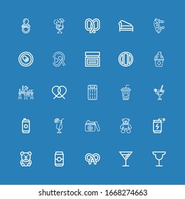 Editable 25 soft icons for web and mobile. Set of soft included icons line Cocktail, Pretzel, Can, Teddy bear, Energy drink, Bear, Cream, Cola, Mattress, Candle making on blue background