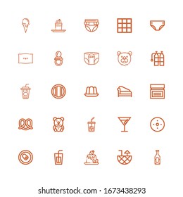 Editable 25 iconos blandos para web y móvil. Conjunto de iconos blandos incluidos línea Soda, Cocktail, Pudding, Can, Blur, Ice coffee, Teddy oso, Pretzel, Cream, Divan sobre fondo blanco