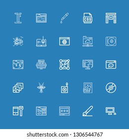 Editable 25 software icons for web and mobile. Set of software included icons line Personal computer, Signature, Browser, Coding, Configuration, Compact disc on blue background