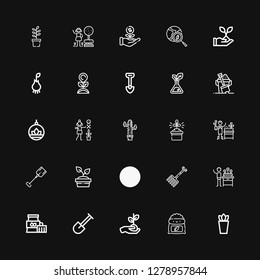 Editable 25 soil icons for web and mobile. Set of soil included icons line Plant, Fertilizer, Shovel, Gardener, Rake, Gardening, Plants, Sand, Root, Green earth on black background