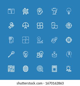 Editable 25 solution icons for web and mobile. Set of solution included icons line Lamp, Match, Target, Brain, Labyrinth, Think, Idea, Bulb, Puzzle, Memorize on blue background