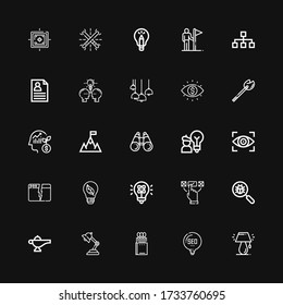 Editable 25 solution icons for web and mobile. Set of solution included icons line Lamp, Idea, Matches, Virus search, Choice, Light, Bulb, Split, Vision, Goal on black background