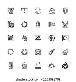 Editable 25 song icons for web and mobile. Set of song included icons line Drum, Tambourine, Vinyl, Voice recorder, Xylophone, Guitar, Encore, Turntable, Singing on white background