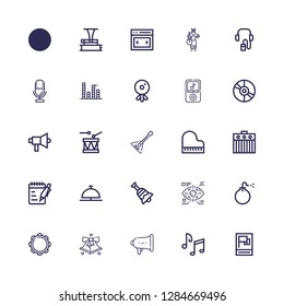 Editable 25 sound icons for web and mobile. Set of sound included icons line Propaganda, Music notes, Speaker, Bell, Tambourine, Bomb, Eye tap, Notes, Amplifier on white background