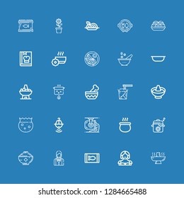 Editable 25 soup icons for web and mobile. Set of soup included icons line Hot pot, Waitress, Canned food, Bowl, Pot, Ladle, Noodles, Boil, Jiaozi, Cook, Takoyaki on blue background