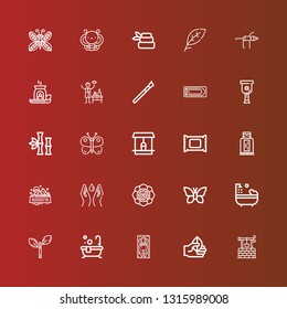 Editable 25 spa icons for web and mobile. Set of spa included icons line Well, Leaf, Massage, Bath, Bathtub, Butterfly, Spiritual, Save water, Sunblock, Makeup remover on red