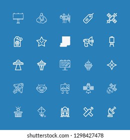 Editable 25 space icons for web and mobile. Set of space included icons line Satellite dish, Satellite, Rocket ship, Kite, Star, Canvas, Robot mask, Rocket on blue background