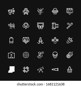 Editable 25 space icons for web and mobile. Set of space included icons line Hand bag, Telescope, Satellite, Startup, Meteorite, Alien, Scientist, Waffle, Tag on black background