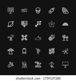 Editable 25 space icons for web and mobile. Set of space included icons line Billboard, Kite, Aurora, Scientist, Satellite, Telescope, Missile, Canvas, Ufo on black background