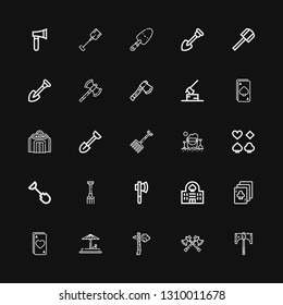 Editable 25 spade icons for web and mobile. Set of spade included icons line Axe, Axes, Sand, Ace, Playing cards, Casino, Pitchfork, Shovel, Poker, Sand bucket on black background
