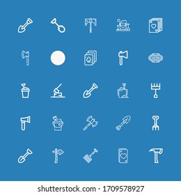 Editable 25 spade icons for web and mobile. Set of spade included icons line Axe, Ace, Rake, Shovel, Axes, Sand bucket, Casino, Playing cards, Poker on blue background