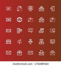 Editable 25 spam icons for web and mobile. Set of spam included icons line Email, Mail, Malware, Envelope, Spyware on red