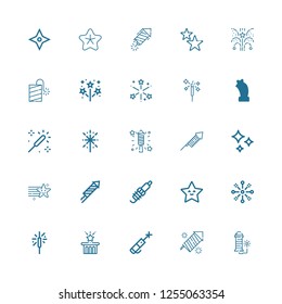 Editable 25 sparkle icons for web and mobile. Set of sparkle included icons line Fireworks, Laser pen, Star, Sparkler, Spark, Shines, Sparkle, Firework, Petard on white background