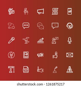 Editable 25 speak icons for web and mobile. Set of speak included icons line Commentator, Microphone, Speaker, Text, Message, Megaphone, Propaganda, Answer, Chat, Speech on red