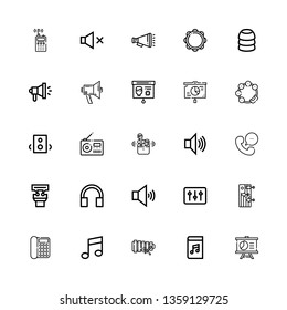 Editable 25 speaker icons for web and mobile. Set of speaker included icons line Presentation, Audiobook, Xylophone, Music, Telephone, Training, DJ, Volume on white background