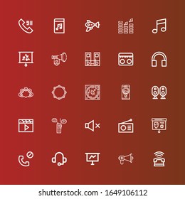 Iconos editables de 25 altavoces para web y móvil. El conjunto de altavoces incluía iconos línea Teléfono, Megáfono, Presentación, Auriculares, Llamada telefónica, Radio, Silencio, Walkie talkie, Clapper en rojo