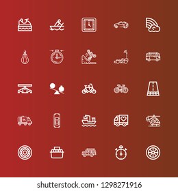 Editable 25 speed icons for web and mobile. Set of speed included icons line Wheel, Stop watch, Car, Transport, Helicopter, Truck, Cargo ship, Road, Bicycle, Tandem, Time on red