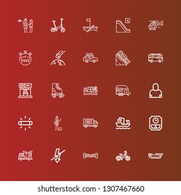 Editable 25 speed icons for web and mobile. Set of speed included icons line Boat, Bicycle, Hoverboard, Flash, Delivery truck, Wall clock, Cargo ship, Delivery, Football player on red