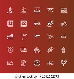 Iconos editables de 25 velocidades para web y móvil. Conjunto de velocidad incluido iconos línea Señal de carretera, Bicicleta, Velocímetro, Hormigón, Remolque, Esquiador, Reloj, coche de helado, Coche, Stopclock on red