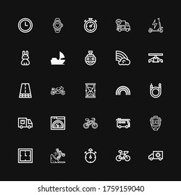 Editable 25 speed icons for web and mobile. Set of speed included icons line Ambulance, Bike, Stop watch, Bmx, Clock, Stopwatch, Van, Bicycle, Speed, Delivery truck on black background