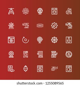 Editable 25 spin icons for web and mobile. Set of spin included icons line Washing machine, Helicopter, Spinning top, Rotate, Slot machine, Roulette, Ferris wheel, Cogwheel on red