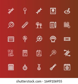 Editable 25 spiral icons for web and mobile. Set of spiral included icons line Calendar, Suspension, Transgenics, Hypnosis, Dna, Lollipop, Notebook, Rug, Shell, Notepad on red