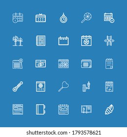 Editable 25 spiral icons for web and mobile. Set of spiral included icons line Seashell, Notebook, Calendar, Suspension, Lollipop, Notepad, Dna, Wind, Hypnosis on blue background