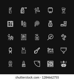 Editable 25 spray icons for web and mobile. Set of spray included icons line Sprinkler, Graffiti, Shower, Art, Dustpan, Water gun, Spray, Canvas, Drugs, Fertilization on black background