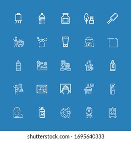 Editable 25 iconos de spray para web y móvil. Conjunto de spray incluido íconos línea Pintura, Sprinkler, Pintura, Frasco de Spray, Desodorante, Ducha, Limpieza, Duchas sobre fondo azul