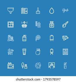 Editable 25 iconos de spray para web y móvil. Conjunto de spray incluido línea de iconos Spray, Cleaning, Paint, Ink, Painting, Canvas, Pomada, Artista, pistola de agua, Manguera sobre fondo azul